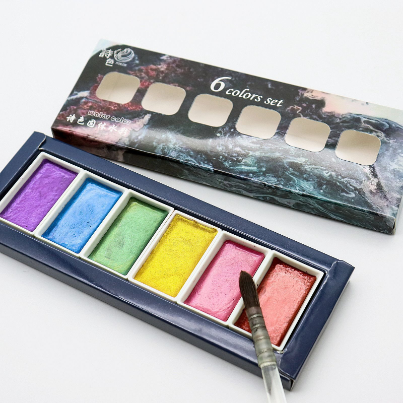 Watercolor Paint Set Solid Pigment - 6-цветный водорастворимый металлический жемчужный акварельный пигмент,